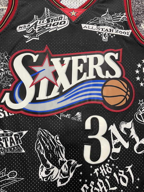 Black Philadelphia 76ers basketball jersey, front graphic detail