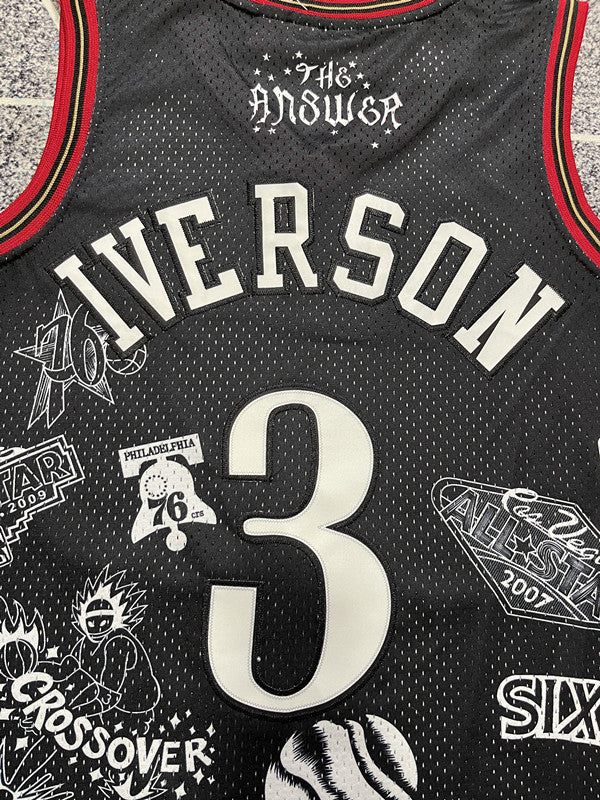 Black Philadelphia 76ers basketball jersey, back lettering and number detail