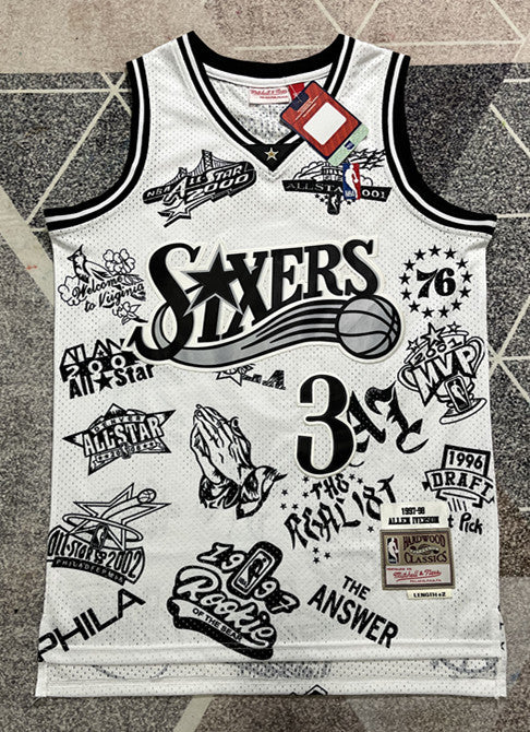 White Philadelphia 76ers basketball jersey, full front view