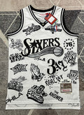 White Philadelphia 76ers basketball jersey, full front view