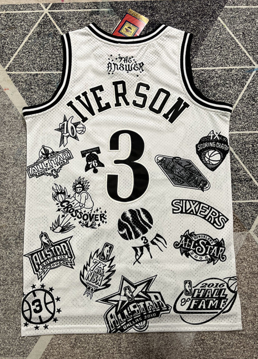 White Philadelphia 76ers basketball jersey, full back view
