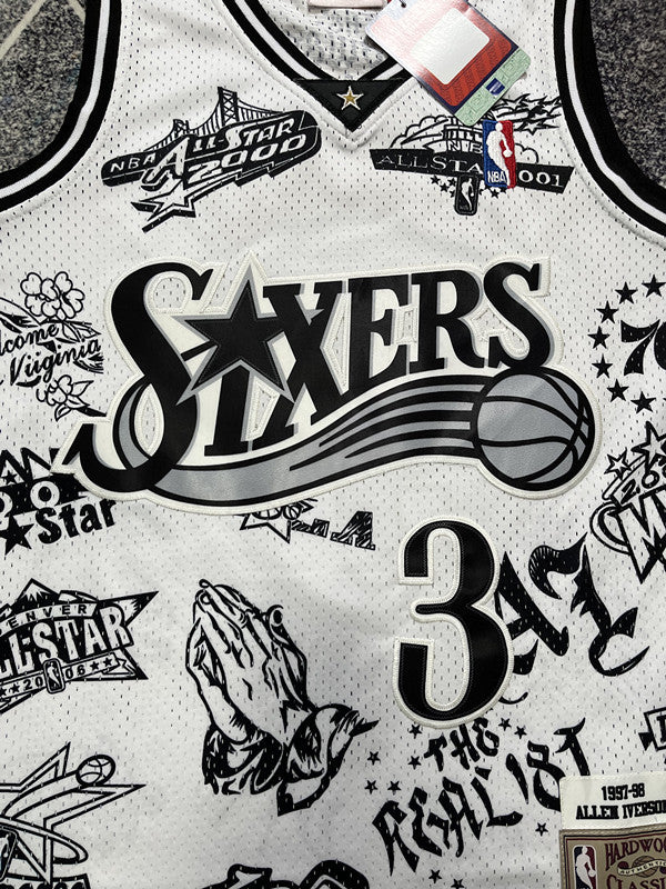 White Philadelphia 76ers basketball jersey, front graphic detail