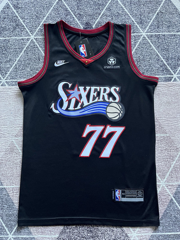 Black Philadelphia 76ers basketball jersey, full front view