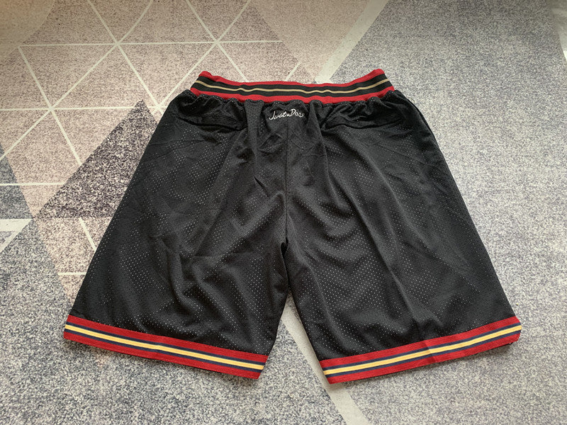 Black Philadelphia 76ers premium basketball shorts, full back view