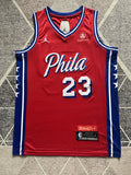Red Philadelphia 76ers basketball jersey, full front view