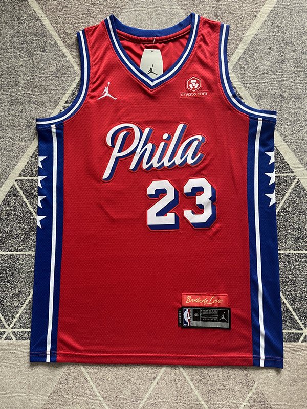 Red Philadelphia 76ers basketball jersey, full front view