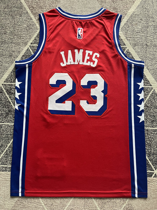 Red Philadelphia 76ers basketball jersey, full back view