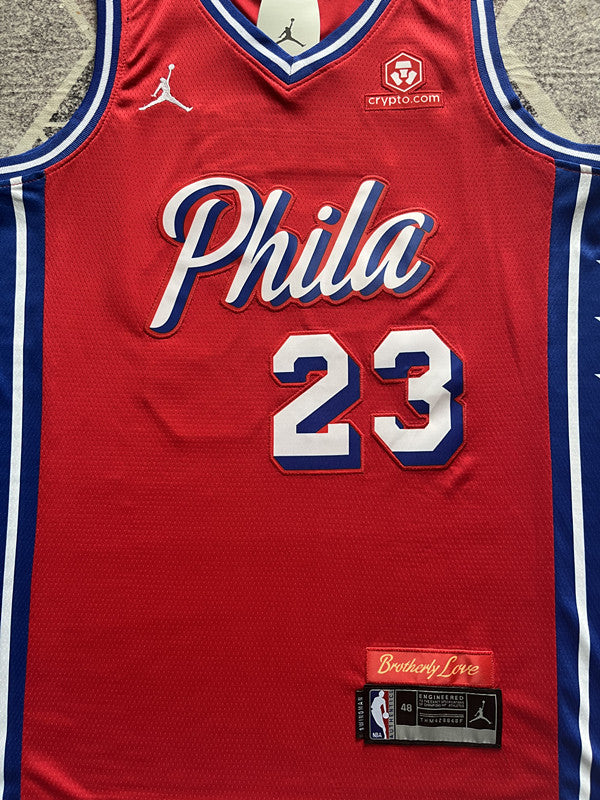 Red Philadelphia 76ers basketball jersey, front graphic detail