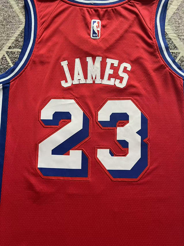 Red Philadelphia 76ers basketball jersey, back lettering and number detail