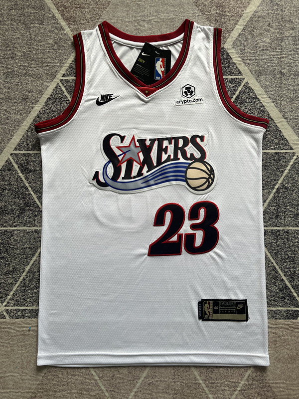 White Philadelphia 76ers basketball jersey, full front view