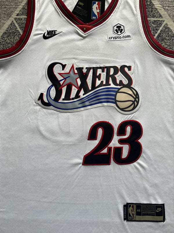 White Philadelphia 76ers basketball jersey, front graphic detail