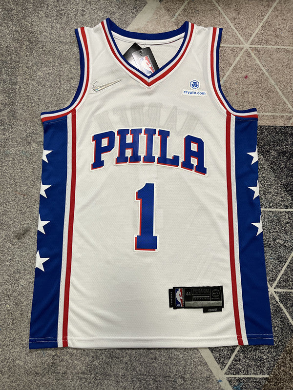 Philadelphia White Basketball Jersey #1 front view [SPMERGE:P103:front]