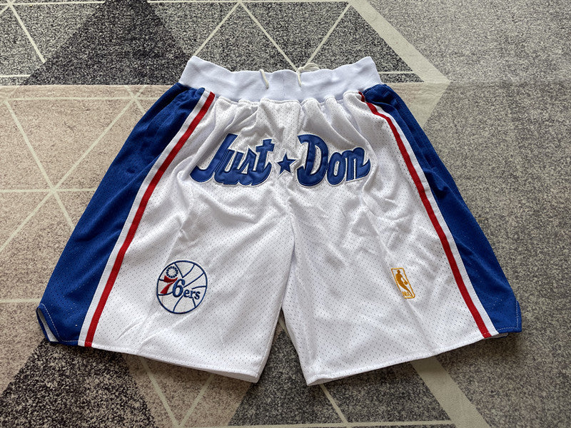 White Philadelphia 76ers premium basketball shorts, full front view