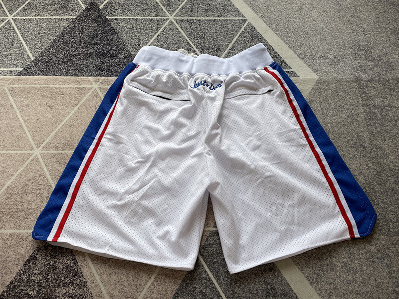 White Philadelphia 76ers premium basketball shorts, full back view