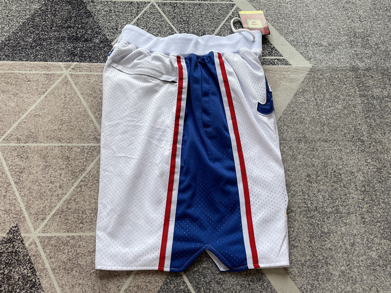 White Philadelphia 76ers premium basketball shorts, side panel detail