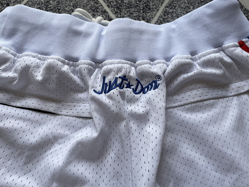 White Philadelphia 76ers premium basketball shorts, waistband and label detail