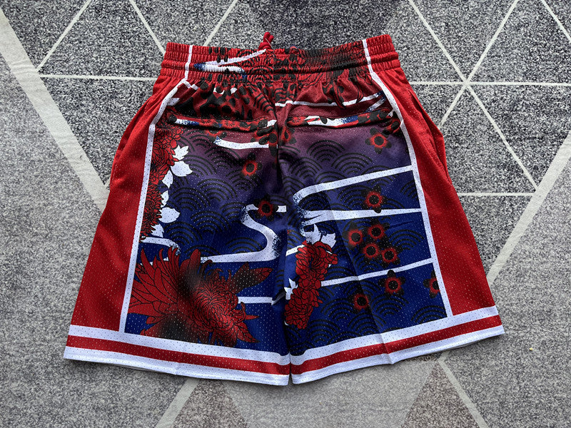 Multi-color Philadelphia 76ers premium basketball shorts, full back view