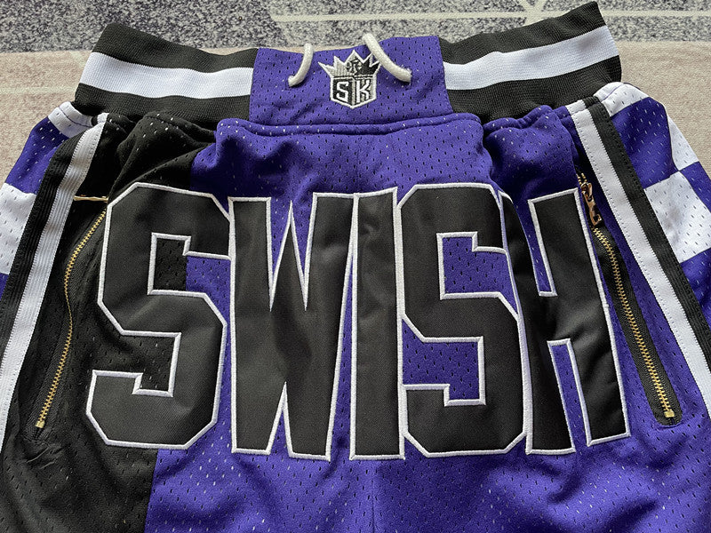 Purple Sacramento Kings premium basketball shorts, graphic detail