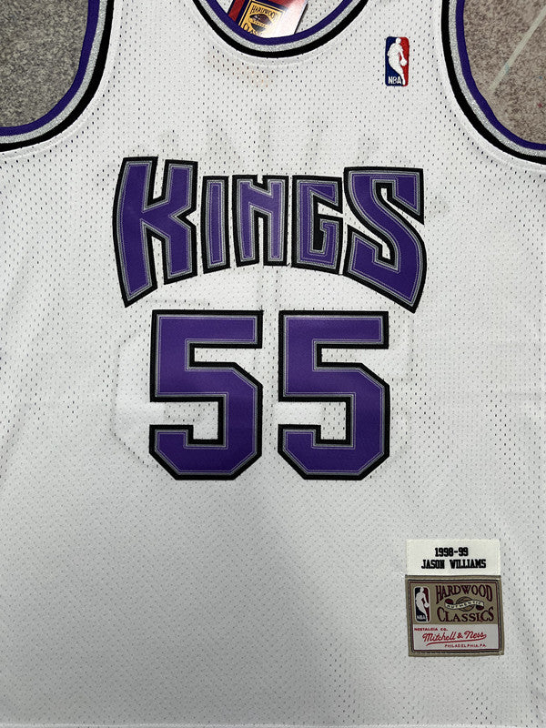 White Sacramento Kings basketball jersey, front graphic detail