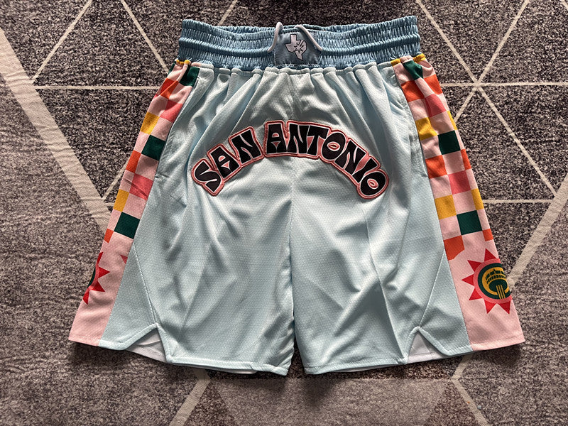 Ice Blue San Antonio Spurs premium basketball shorts, full front view