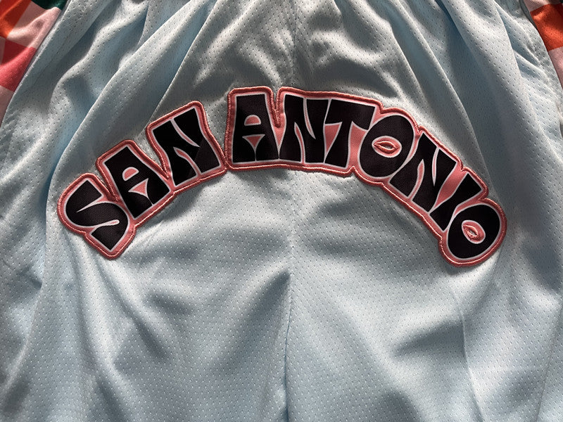 Ice Blue San Antonio Spurs premium basketball shorts, side panel detail