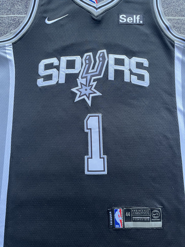 Black San Antonio Spurs basketball jersey, front graphic detail