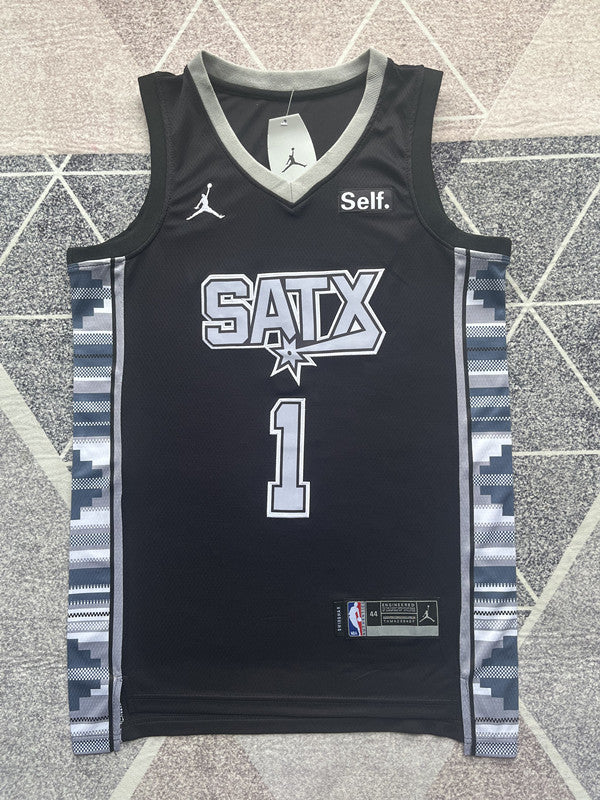 Black San Antonio Spurs basketball jersey, full front view