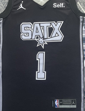 Black San Antonio Spurs basketball jersey, front graphic detail