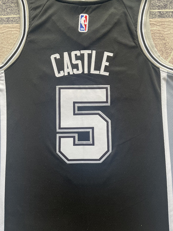 Black San Antonio Spurs basketball jersey, back lettering and number detail