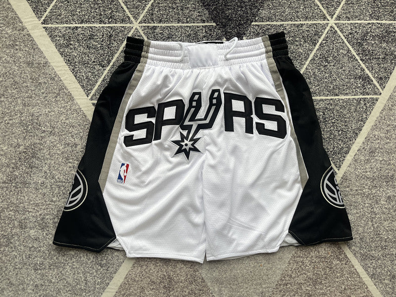 White San Antonio Spurs premium basketball shorts, full front view