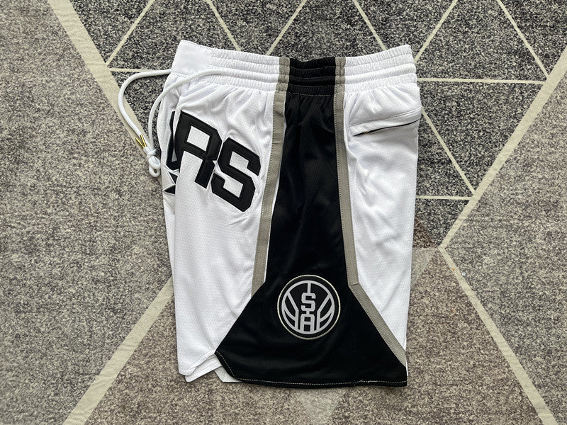 White San Antonio Spurs premium basketball shorts, side panel detail