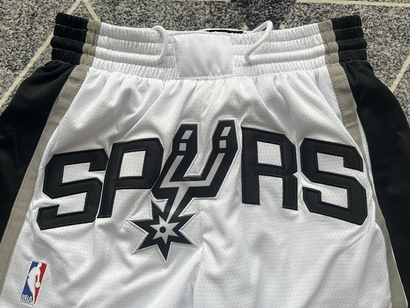 White San Antonio Spurs premium basketball shorts, waistband and label detail