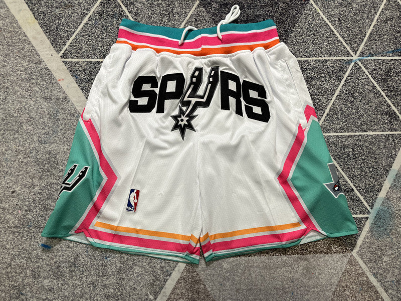 White San Antonio Spurs premium basketball shorts, full front view