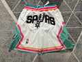 White San Antonio Spurs premium basketball shorts, full front view