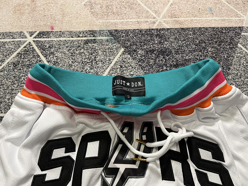 White San Antonio Spurs premium basketball shorts, waistband and label detail