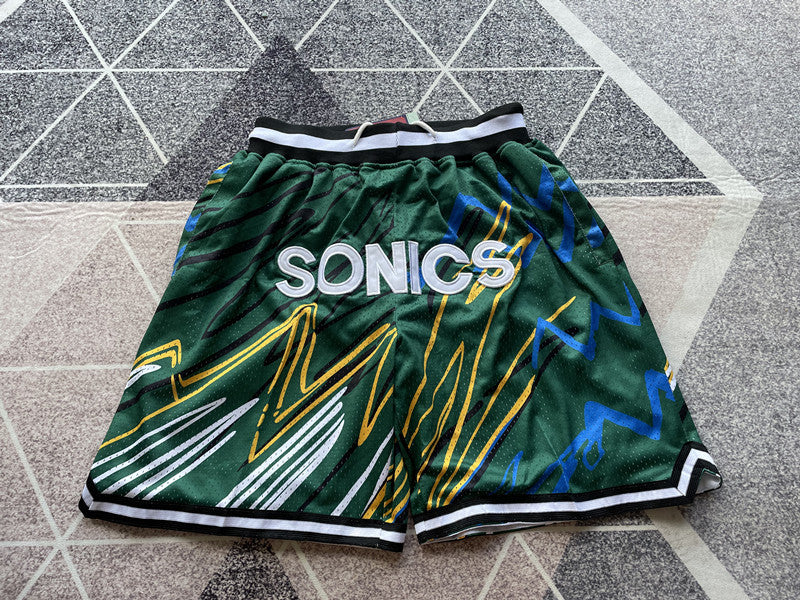 Green Seattle SuperSonics premium basketball shorts, full front view