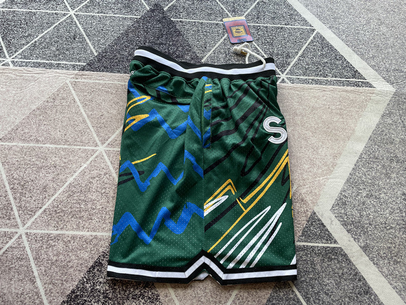 Green Seattle SuperSonics premium basketball shorts, side panel detail