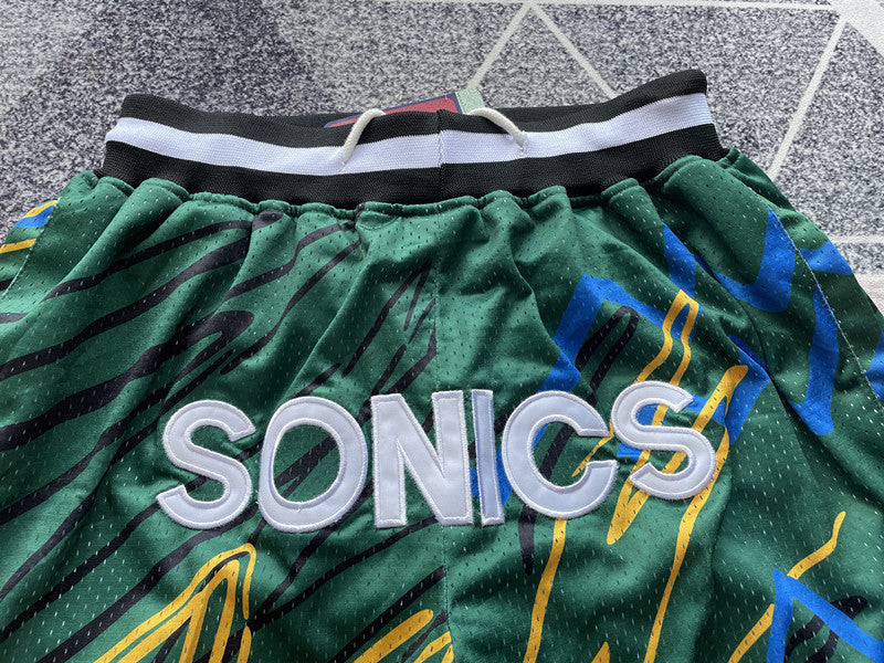 Green Seattle SuperSonics premium basketball shorts, graphic detail