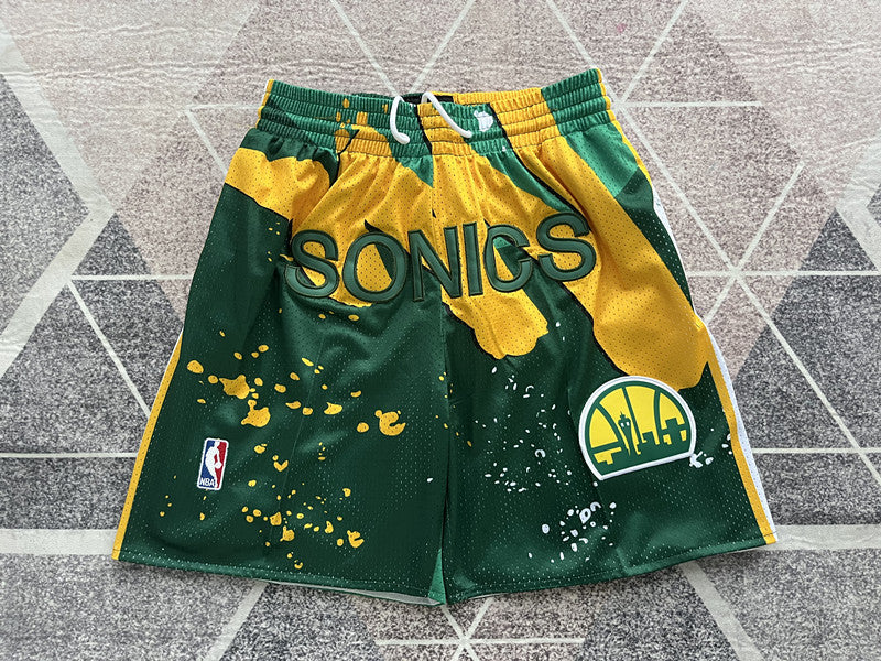 Multi-color Seattle SuperSonics premium basketball shorts, full front view