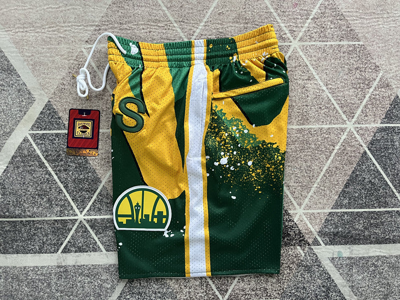 Multi-color Seattle SuperSonics premium basketball shorts, side panel detail