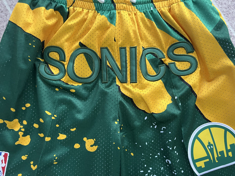 Multi-color Seattle SuperSonics premium basketball shorts, waistband and label detail