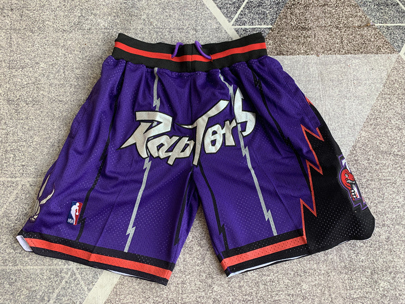 Purple Toronto Raptors premium basketball shorts, full front view