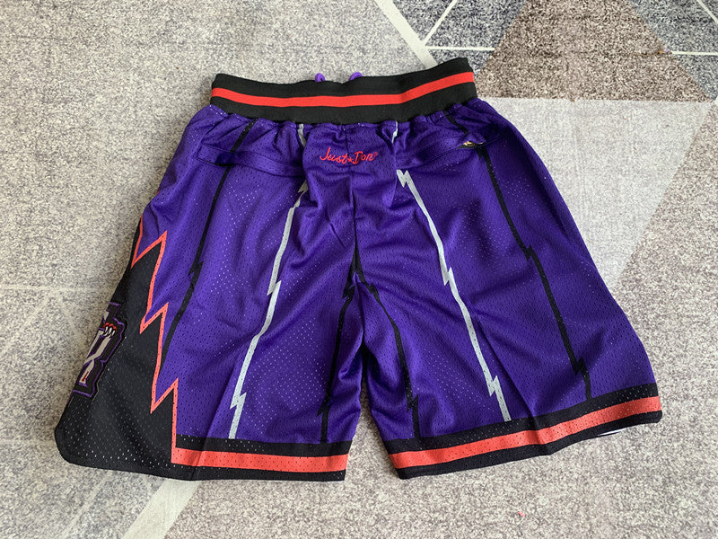 Purple Toronto Raptors premium basketball shorts, full back view