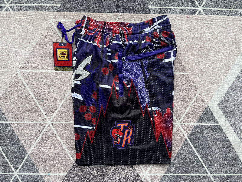 Purple Toronto Raptors premium basketball shorts, side panel detail