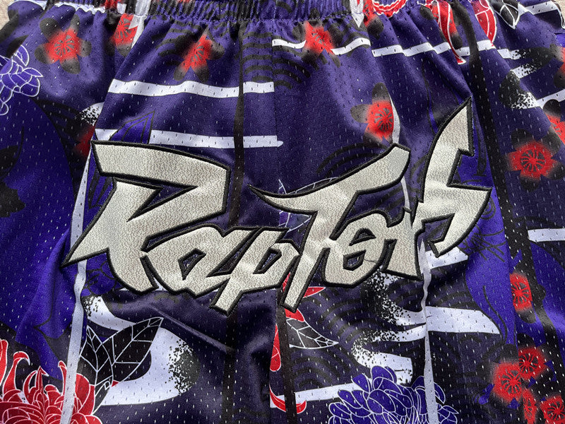 Purple Toronto Raptors premium basketball shorts, waistband and label detail