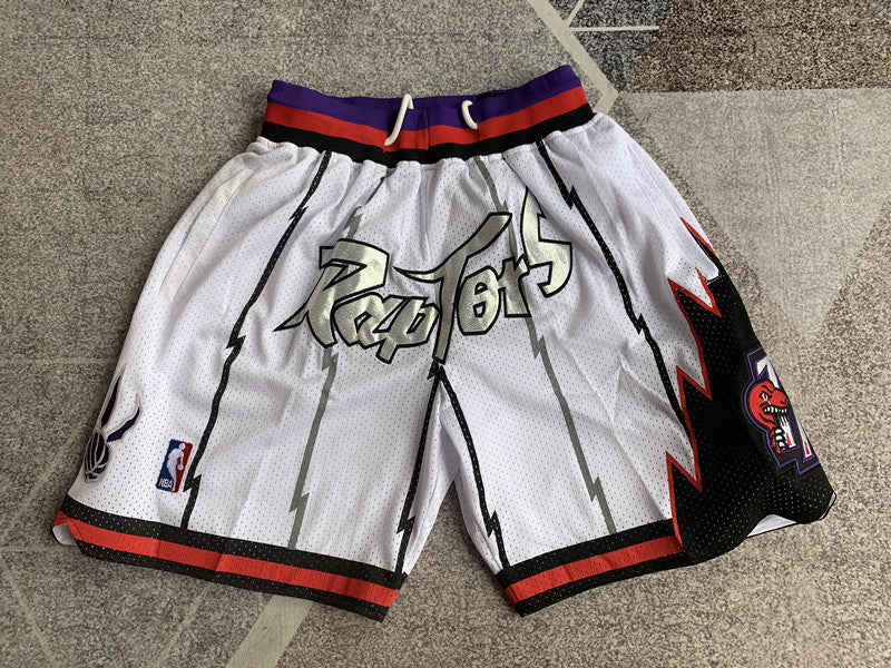 White Toronto Raptors premium basketball shorts, full front view