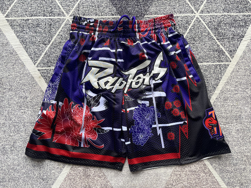 Multi-color Toronto Raptors premium basketball shorts, full front view