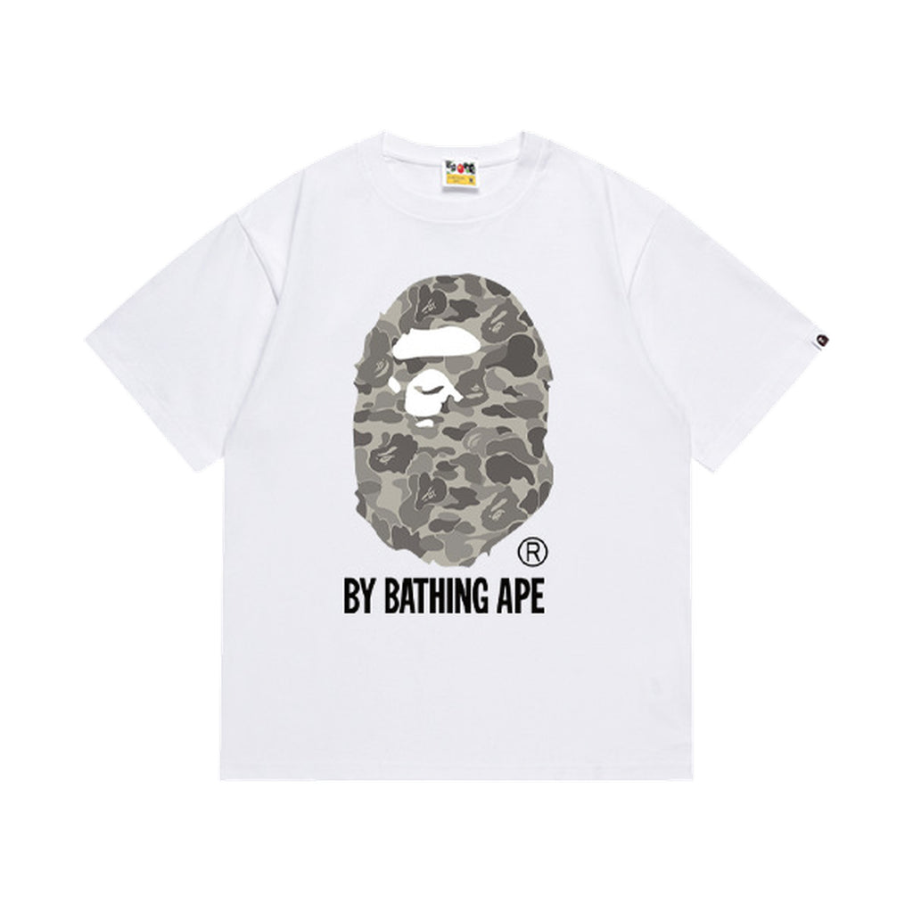 White graphic T-shirt, large grey camouflage ape-head graphic with lettering, front view