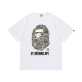 White graphic T-shirt, large grey camouflage ape-head graphic with lettering, front view