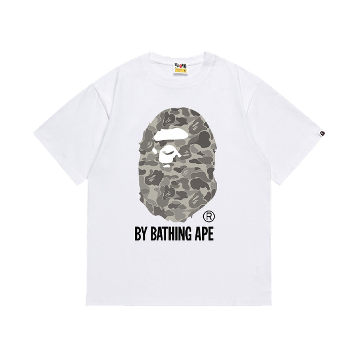 White graphic T-shirt, large grey camouflage ape-head graphic with lettering, front view